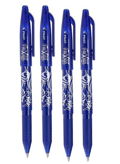 Set of four Pilot Frixion erasable pens featuring blue ink and decorative designs for smooth writing